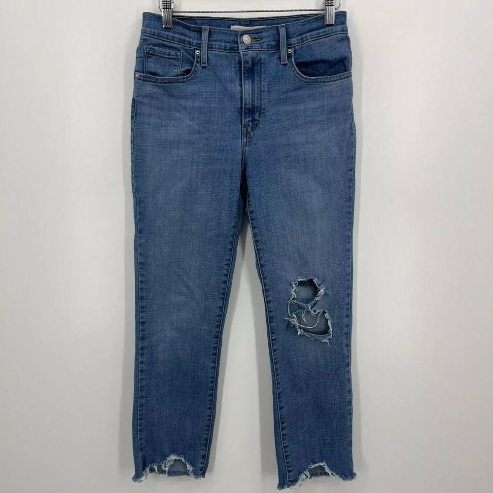 Levis 724 High Rise Straight Crop Jeans Distressed Blue Size 28